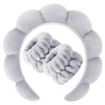 Zkptops Spa Headband for Washing Face Wristband Set Sponge Makeup Skincare Headband Terry Cloth Bubble Soft Get Ready Hairbands for Women Girl Puffy Padded Headwear Non Slip Thick Hair Accessory(Grey)