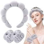 Zkptops Spa Headband for Washing Face Wristband Set Sponge Makeup Skincare Headband Terry Cloth Bubble Soft Get Ready Hairbands for Women Girl Puffy Padded Headwear Non Slip Thick Hair Accessory(Grey)