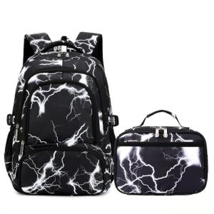 Yvechus Camo Backpack Set with Lunch Bag Lightweight Waterproof School Backpack Bookbag for Boys Girls (A-Style Lightning Black)