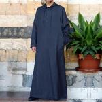 Muslim Hooded Kaftan for Men Linen Robe Long Sleeve Button Down Long Gown Drawstring Shirts Thobe with Pockets Mens Thobe Abayas Man Night Gown
