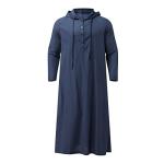 Muslim Hooded Kaftan for Men Linen Robe Long Sleeve Button Down Long Gown Drawstring Shirts Thobe with Pockets Mens Thobe Abayas Man Night Gown