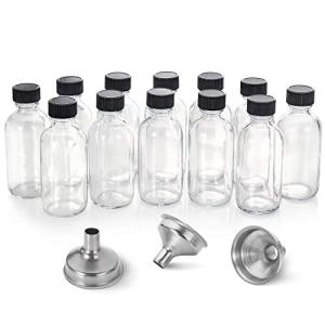 12 Pack, 2 oz Small Clear Glass Bottles w/Lid & 3 Funnels - 60ml Boston Shot Bottles for Health, Immunity, Potion, Wellness, Sample, Ginger, Juice - Mini Personal Care & Beauty Travel Bottle