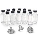 12 Pack, 2 oz Small Clear Glass Bottles w/Lid & 3 Funnels - 60ml Boston Shot Bottles for Health, Immunity, Potion, Wellness, Sample, Ginger, Juice - Mini Personal Care & Beauty Travel Bottle