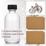 12 Pack, 2 oz Small Clear Glass Bottles w/Lid & 3 Funnels - 60ml Boston Shot Bottles for Health, Immunity, Potion, Wellness, Sample, Ginger, Juice - Mini Personal Care & Beauty Travel Bottle