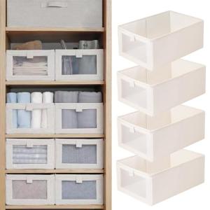 Linen Closet Organizers And Storage, 4 Pack Closet Storage Bins Linen Closet Baskets for Closet Organization Foldable Closet Organizer Bins with Clear Window For Organizing Clothing, Jeans, Shelves