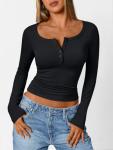 Trendy Queen Long Sleeve Shirts for Women Henley Ribbed Fall Tops Dressy Business Casual Teen Girl Winter Cute Basic Tees Black S