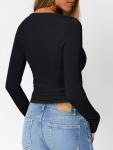 Trendy Queen Long Sleeve Shirts for Women Henley Ribbed Fall Tops Dressy Business Casual Teen Girl Winter Cute Basic Tees Black S