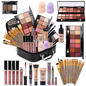 MTDXILTAI All in One Makeup Kit - 2X14 Eyeshadow Palette, Liquid Foundation, Eyeliner Pencils, Contouring Stick, Lip Gloss, 20Pcs Makeup Brushes (Black)