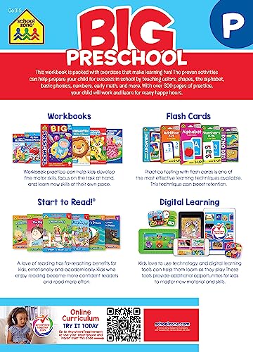 School Zone - Big Preschool Workbook - 320 Pages, Ages 3 to 5, Colors, Shapes, Numbers, Early Math, Alphabet, Pre-Writing, Phonics, Following Directions, and More (School Zone Big Workbook Series) by School Zone Publishing