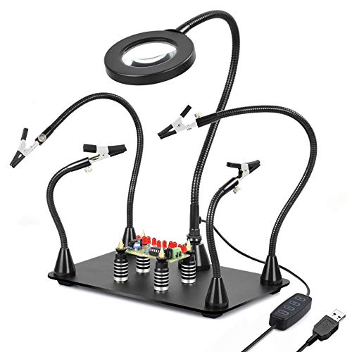Magnetic Helping Hand, Soldering Helping Hands, PCB Circuit Board Holder with 3X LED Magnifying Lamp, Flexible Metal Arms Heavy Duty Base Electronic Repair Tool (Magnetic with Lamp) from NEWACALOX