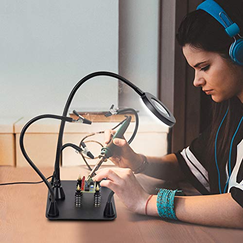 Magnetic Helping Hand, Soldering Helping Hands, PCB Circuit Board Holder with 3X LED Magnifying Lamp, Flexible Metal Arms Heavy Duty Base Electronic Repair Tool (Magnetic with Lamp) from NEWACALOX