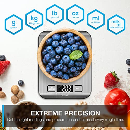Vont 'Milo' Kitchen Scale, Food Scale, Digital Scale w. Beautiful LCD Screen, 5 Measurement Units, Gram Scale Used for Weight Loss, Baking, Cooking, 304 Food Grade Stainless Steel (Batteries Included) by Vont