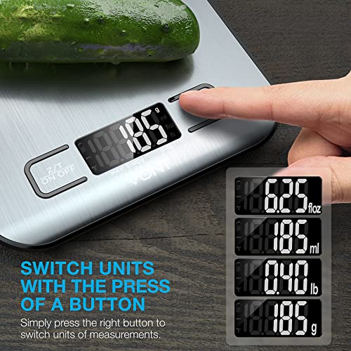 Vont 'Milo' Kitchen Scale, Food Scale, Digital Scale w. Beautiful LCD Screen, 5 Measurement Units, Gram Scale Used for Weight Loss, Baking, Cooking, 304 Food Grade Stainless Steel (Batteries Included) by Vont