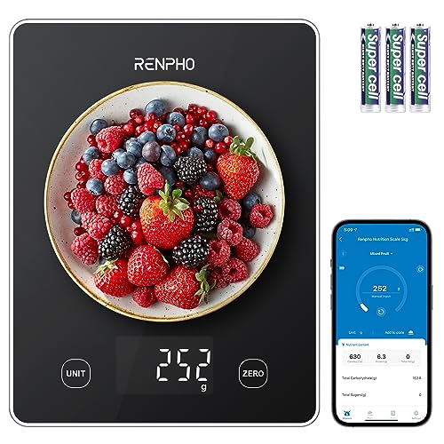 RENPHO Kitchen Scale 22lb/10kg Smart Food Scale, Digital Cooking Scale with Nutrition Calculator, Weight Grams and Ounces, LED Display for Cooking Baking Keto Marco Diet Weight Loss, Prep Meal, Glass from RENPHO