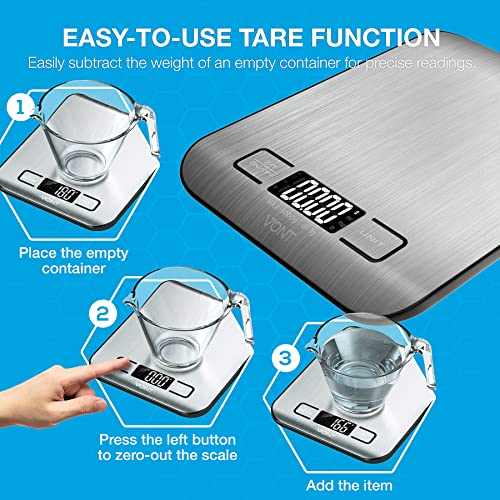 Vont 'Milo' Kitchen Scale, Food Scale, Digital Scale w. Beautiful LCD Screen, 5 Measurement Units, Gram Scale Used for Weight Loss, Baking, Cooking, 304 Food Grade Stainless Steel (Batteries Included) by Vont