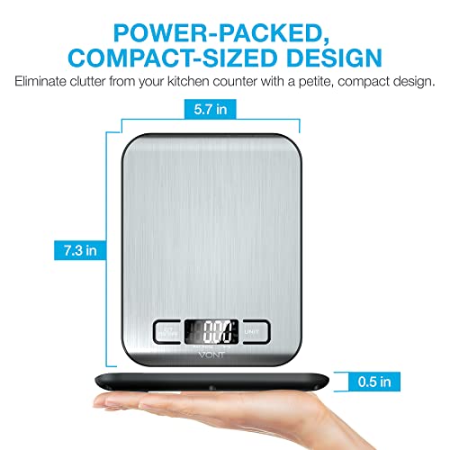 Vont 'Milo' Kitchen Scale, Food Scale, Digital Scale w. Beautiful LCD Screen, 5 Measurement Units, Gram Scale Used for Weight Loss, Baking, Cooking, 304 Food Grade Stainless Steel (Batteries Included) by Vont