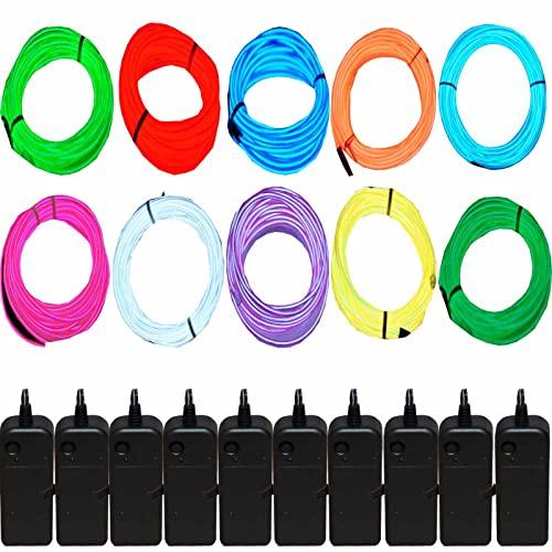 JYtrend 10-Pack 15ft Neon Light El Wire with Battery Pack ( Blue, Green, Red, White, Orange, Purple, Pink, Yellow, Lime Green, Aqua Blue) from USAHITEC