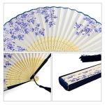 Silk Folding Fans with Bamboo Frames - White Blue