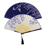 Silk Folding Fans with Bamboo Frames - White Blue