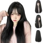 22-Inch Black Synthetic Hair Wig with Bangs