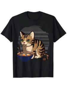Cute Cat Eating Ramen Graphic Tee Black