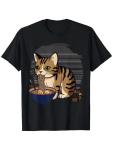 Cute Cat Eating Ramen Graphic Tee Black