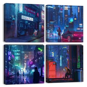 Tokyo Neon Night Anime Canvas Posters Set