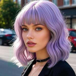 Purple Wavy Bob Wig with Bangs for Cosplay