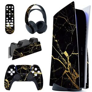 playvital Black & Gold Marble Effect Full Set Skin Decal for ps5 Console Disc Edition, Sticker Vinyl Decal Cover for ps5 Controller & Charging Station & Headset & Media Remote