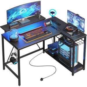 Bestier 106.5CM L-Shaped Gaming Desk with RGB LED Lights Carbon Fibre Surface, 3 Power Outlets & 2 USB Ports, Reversible Corner Desk with Shelves & Hooks for Home Office & Small Spaces