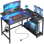 Bestier 106.5CM L-Shaped Gaming Desk with RGB LED Lights Carbon Fibre Surface, 3 Power Outlets & 2 USB Ports, Reversible Corner Desk with Shelves & Hooks for Home Office & Small Spaces