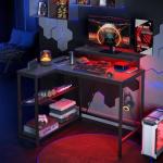 Bestier 106.5CM L-Shaped Gaming Desk with RGB LED Lights Carbon Fibre Surface, 3 Power Outlets & 2 USB Ports, Reversible Corner Desk with Shelves & Hooks for Home Office & Small Spaces