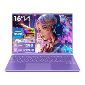 HUQPPQ 16 Inch Laptop 12GB RAM 512GB SSD Celeron N5095, FHD 1920×1200 IPS Display, Gaming Laptops with Win11 Pro,Wi-Fi 6, USB 3.0, Type C, Mini-HDMI, Portable Purple Laptop for Work & School