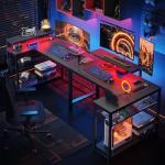 Bestier 106.5CM L-Shaped Gaming Desk with RGB LED Lights Carbon Fibre Surface, 3 Power Outlets & 2 USB Ports, Reversible Corner Desk with Shelves & Hooks for Home Office & Small Spaces