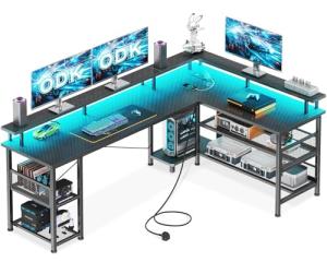 ODK L Shaped Gaming Desk with LED Lights & Power Outlets, 168×120cm Reversible Corner Desk with Storage Shelves, Computer Desks with Monitor Stand, Carbon Fiber Black
