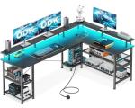ODK L Shaped Gaming Desk with LED Lights & Power Outlets, 168×120cm Reversible Corner Desk with Storage Shelves, Computer Desks with Monitor Stand, Carbon Fiber Black