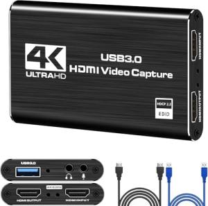 4K HDMI Video Capture Card, USB3.0 1080P 60FPS Video Recorder, Nintendo Switch Capture Card for Streaming Gaming and Broadcasting, Works with Xbox Series X/S, Xbox One X/S, PS4, OBS, Camera, (Black)