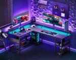 ODK L Shaped Gaming Desk with LED Lights & Power Outlets, 168×120cm Reversible Corner Desk with Storage Shelves, Computer Desks with Monitor Stand, Carbon Fiber Black