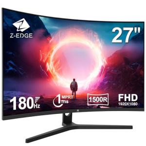 Z-Edge Curved Gaming Monitor 27 Inch 180Hz 1ms MPRT Full HD 1080P VA Panel 1500R 16:9 Curved LED Monitor, FreeSync HDR10, DisplayPort & HDMI Port, Support VESA 100x100mm