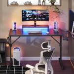 Bestier Small Gaming Desk 106.6 CM LED Computer Desk with Monitor Stand Gamer Workstation with Cup Holder & Headset Hooks for Home Office Bedroom Small Space