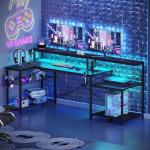 Bestier 181CM L-Shaped Gaming Desk with RGB LED Lights, Power Outlets, USB Ports, Carbon Fibre Surface, Monitor Stand, Storage Shelf, Cup Holder & Headset Hook