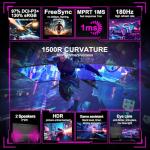 Minifire 24 Inch Curved Gaming Monitor 180Hz, Built in Speaker, FHD 1920x1080, Crosshair 1ms, sRGB130%, HDR, 1500R, FreeSync, 300cd/m², Frameless, HDMI＆DP Ports, VESA Compatible, Eye Care (MFG24C1)
