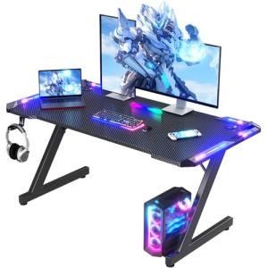 Homall Gaming Desk with LED Lights, 120 x 60cm RGB Gaming Table Z Shape, Large Computer Desk with Headphone Hook, Gamer Table for Home Office, Carbon Fibre Black
