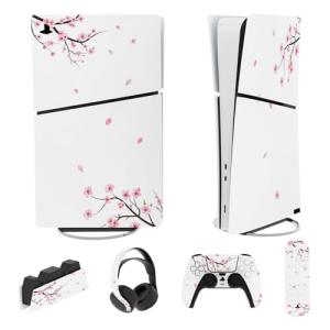 playvital Full Set Skin Sticker for ps5 Slim Console Digital Edition (The New Smaller Design), Vinyl Skin Decal for ps5 Controller & Headset & Charging Station & Media Remote - Falling Cherry Blossom
