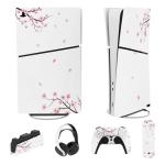 playvital Full Set Skin Sticker for ps5 Slim Console Digital Edition (The New Smaller Design), Vinyl Skin Decal for ps5 Controller & Headset & Charging Station & Media Remote - Falling Cherry Blossom