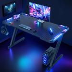 Homall Gaming Desk with LED Lights, 120 x 60cm RGB Gaming Table Z Shape, Large Computer Desk with Headphone Hook, Gamer Table for Home Office, Carbon Fibre Black