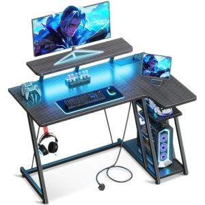 ODK Gaming Desk with LED Lights & Power Outlets, 100CM Computer Desk with Monitor Stand, Corner Desk with Hook & Storage, L Shaped Gaming Desk Carbon Fiber Black