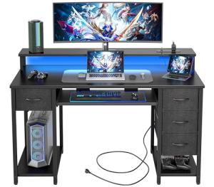 BEXEVUE 120x50 Office Desk with LED & Power Outlets, Computer Desk with Keyboard Tray, Modern Gaming Desk with 4 Removable Drawers, Large Storage Shelf Workstation for Study, Home Office, Black