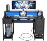 BEXEVUE 120x50 Office Desk with LED & Power Outlets, Computer Desk with Keyboard Tray, Modern Gaming Desk with 4 Removable Drawers, Large Storage Shelf Workstation for Study, Home Office, Black