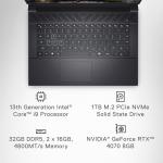 Dell G16 7630 16" QHD+ 240Hz Gaming Laptop, Intel Core i9-13900HX, NVIDIA GeForce RTX 4070-8GB, 32GB RAM, 1TB SSD, Intel Wi-Fi 6, Windows 11 Home, English-UK Backlit Keyboard, Metallic Nightshade